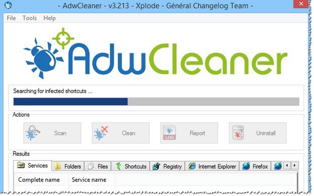 AdwCleaner - процесс сканирования системы.